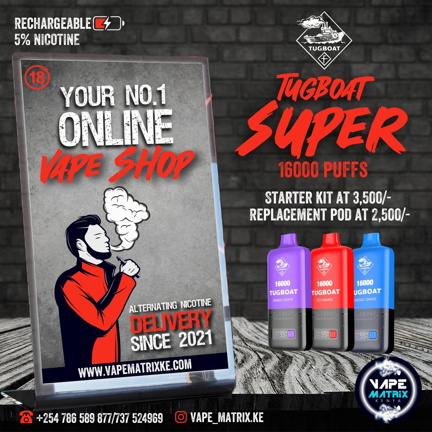 TUGBOAT SUPER 16000 PUFFS 5% nic KIT POD SYSTEM