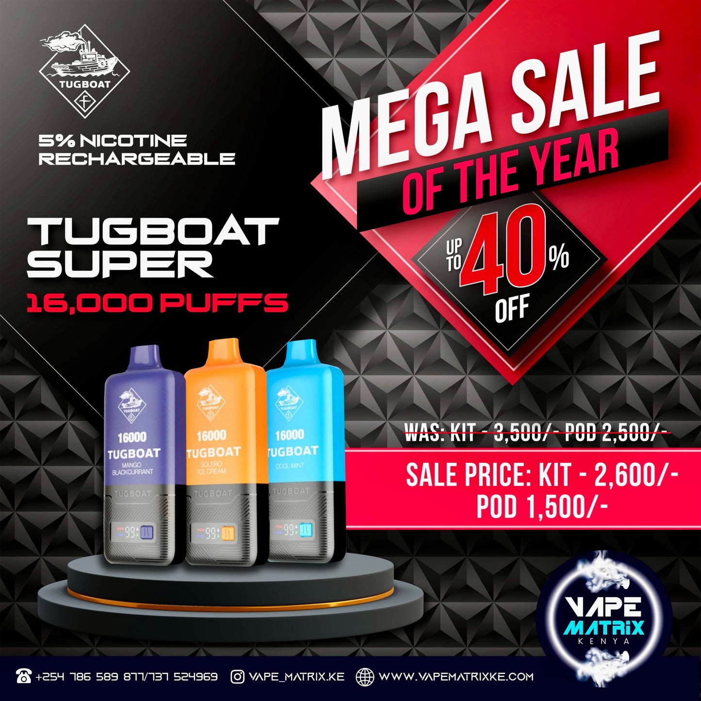 TUGBOAT SUPER 16000 PUFFS 5% nic KIT POD SYSTEM